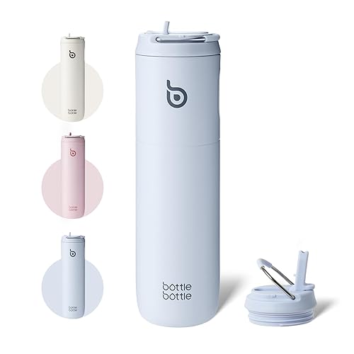 Insulated water bottle with straw for one-handed drinking