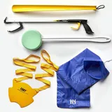 Long-handled reaching and dressing aid kit with reacher, sock aid, and shoe horn